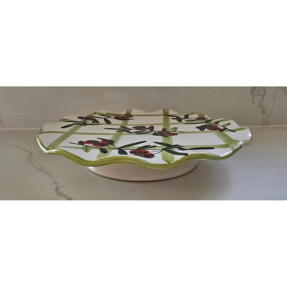 Hand Painted Ceramic Cake Stand Olive Branch Lattice Scalloped Pedestal Server